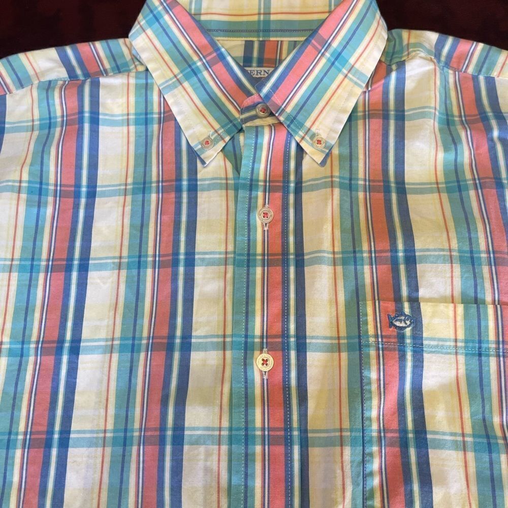 Southern Tide short sleeve button front plaid shirt pink blue yellow, medium